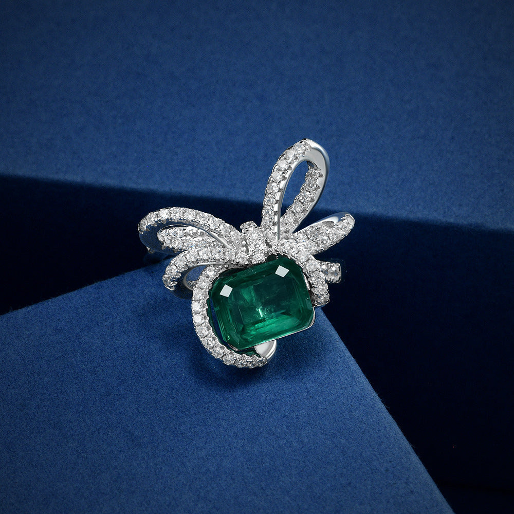 2.35 Carat Emerald-Cut Lab Emerald Ring – Bowknot Design, Minimalist Romantic Style
