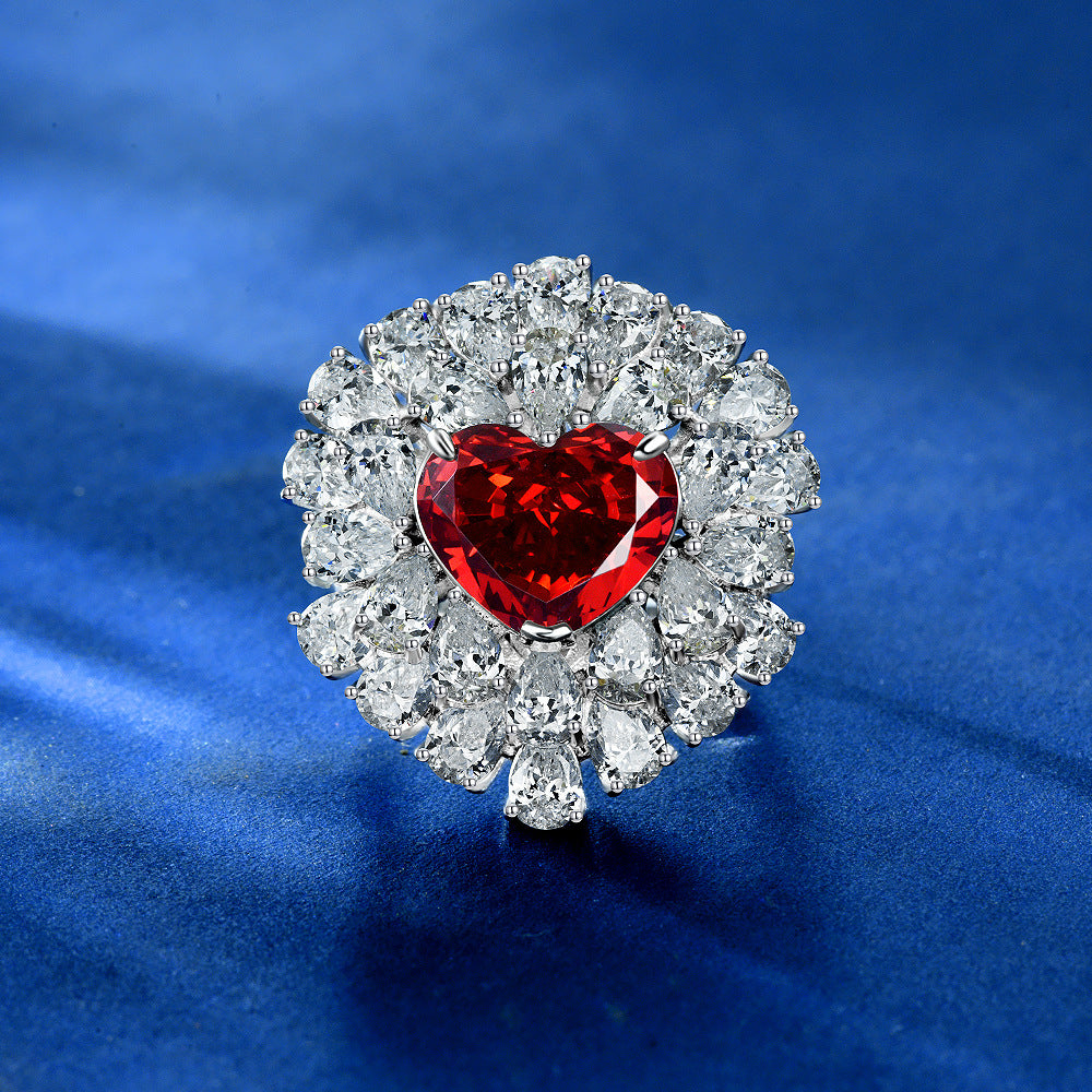10 Carat Padma Red Heart Cut High Carbon Diamond Ring – 10×12mm Ice-Flower Pavé Sterling Silver Women’s Ring
