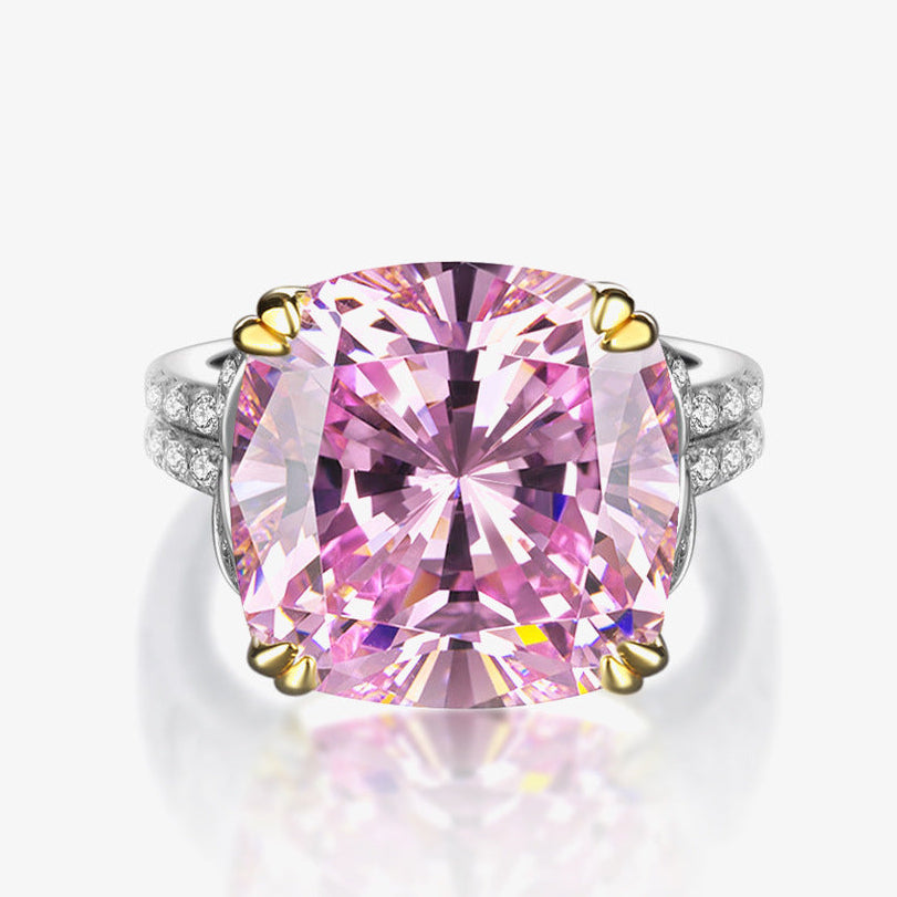 Pink gemstone ring with gold accents on a white background, featuring the Shipei Jewelry logo.