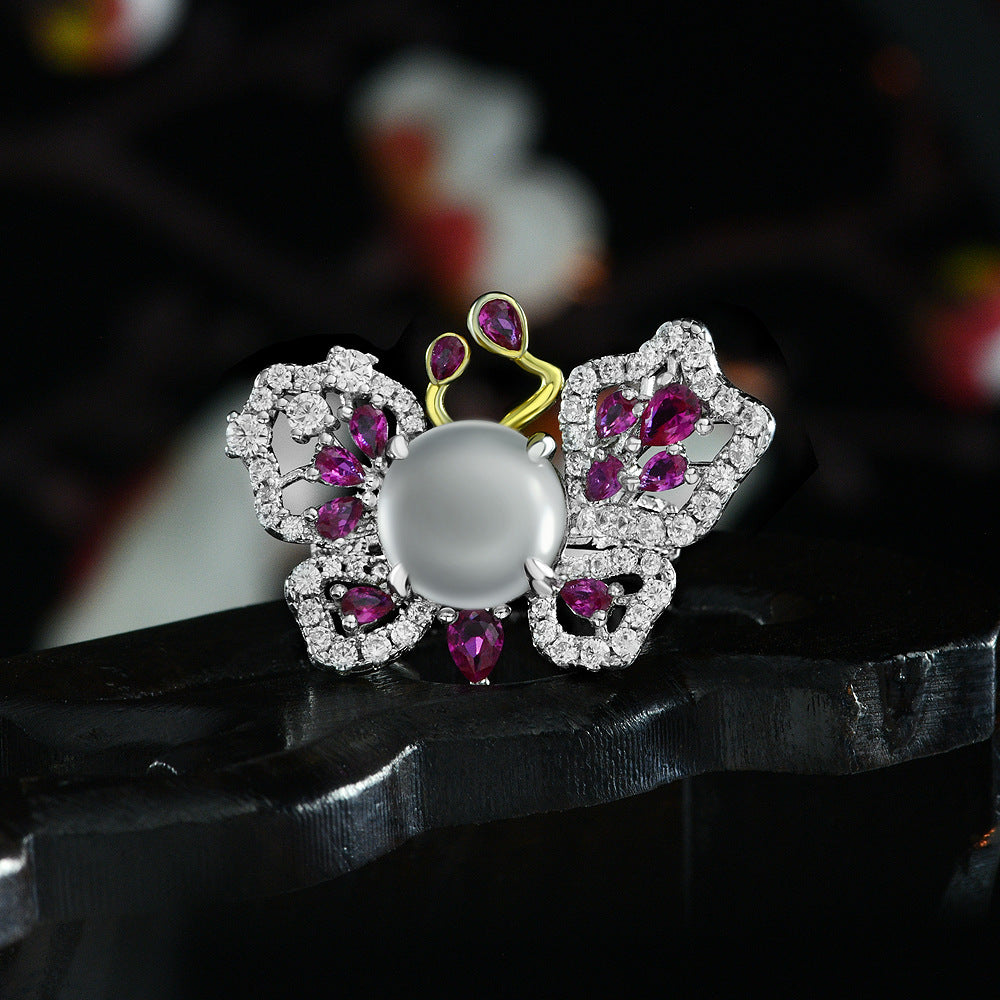 New 4Ct White Round Cabochon 10mm Water Foam Jade 925 Silver Ring