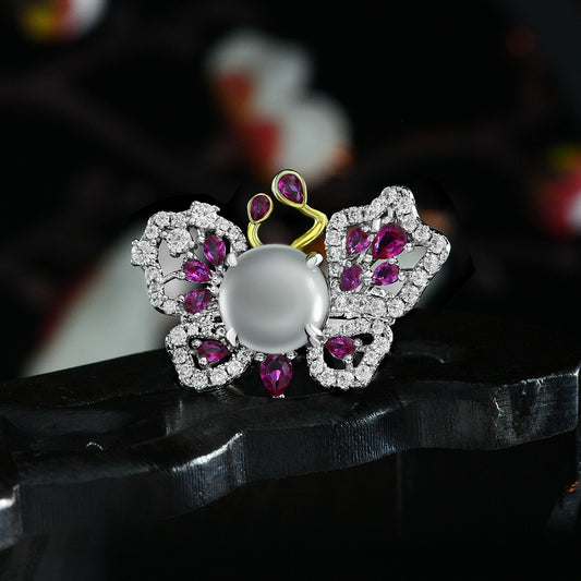 New 4Ct White Round Cabochon 10mm Water Foam Jade 925 Silver Ring