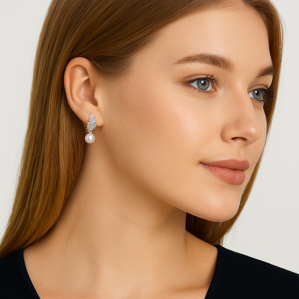 8mm White Mother-of-Pearl Feather Pendant Earrings with High Carbon Diamond | Unique Elegant Stud Earrings for Women