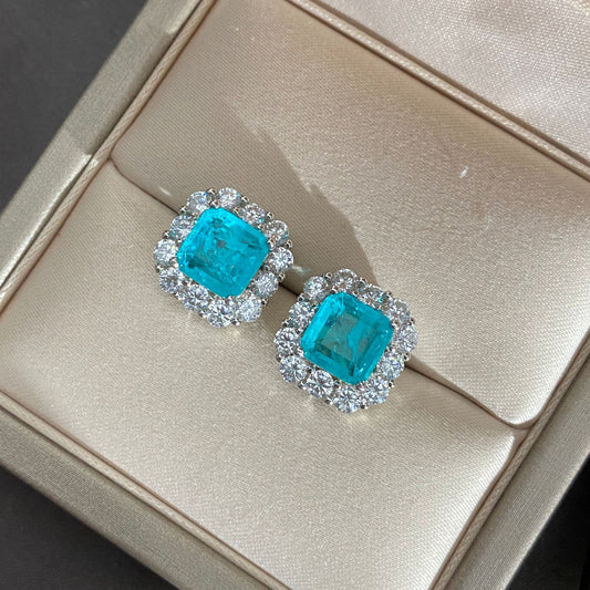 925 Sterling Silver 2ct Synthetic Paraiba 7x7mm Earrings with Luxury Full-Bezel Diamond Setting