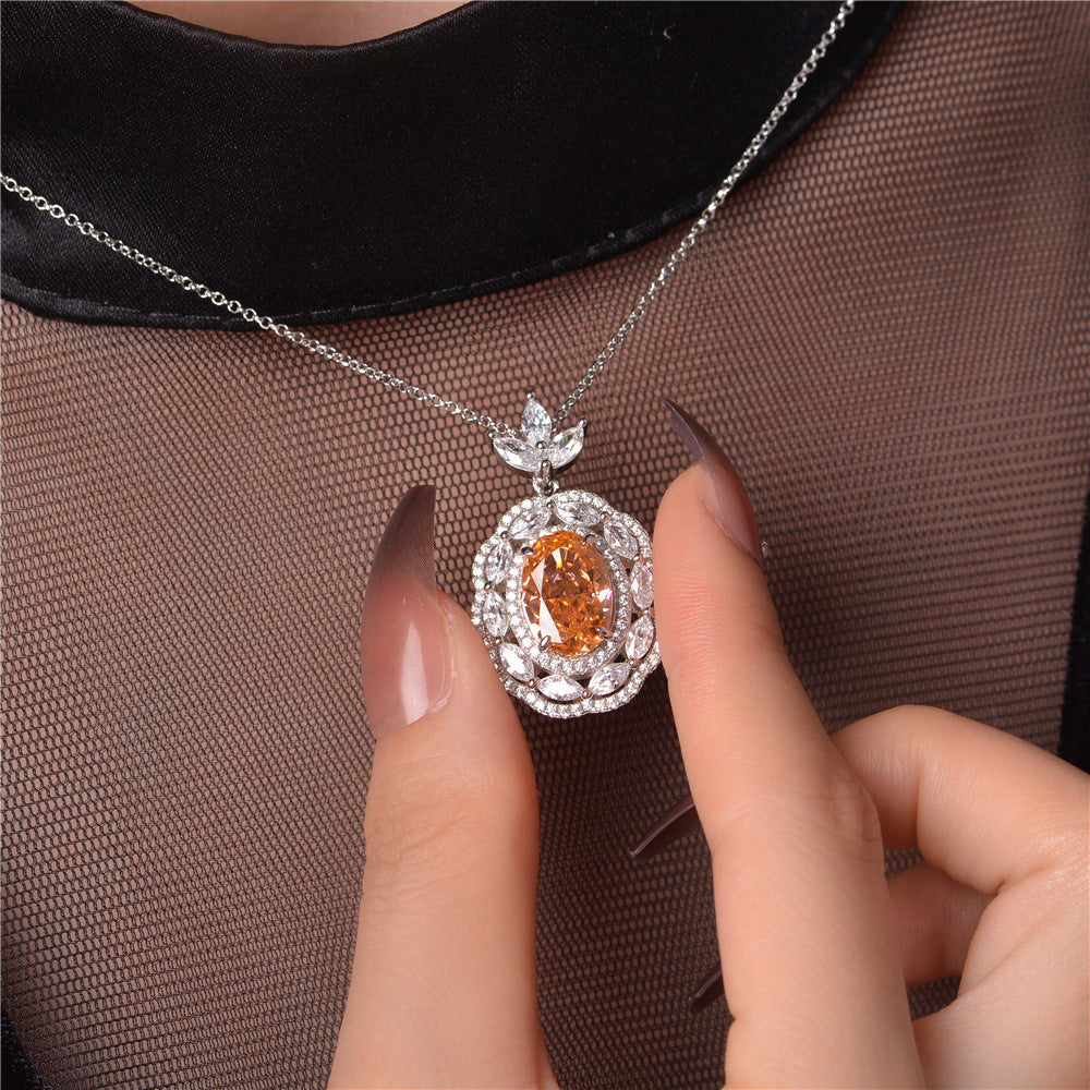 New 4Ct Sunset Orange Oval 9x13mm Ice-Cut Pendant Necklace for Women, 40+5cm