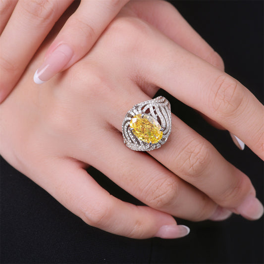 4 Carat Ice-Flower Cut Yellow High Carbon Diamond Ring – Unique Oval Design, Sterling Silver