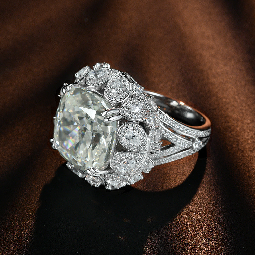 23 Carat 15×15mm Cushion Cut White G High Carbon Diamond Ring – Sterling Silver Statement Luxury Women’s Jewelry