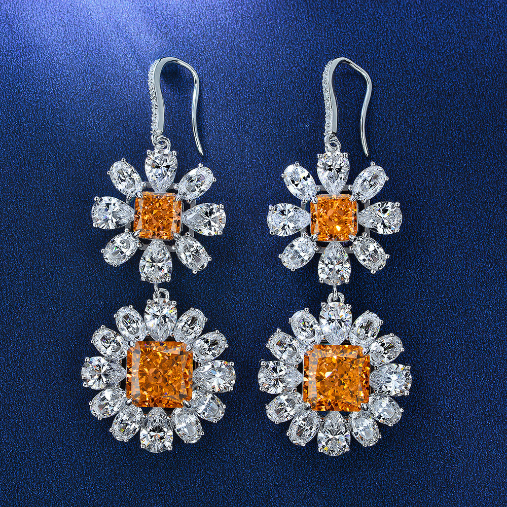 925 Silver Earrings 10*10 Frosted Cut 5-Carat Color-Changing Rose Orange High Carbon Diamond Ear Hooks for Women Luxury
