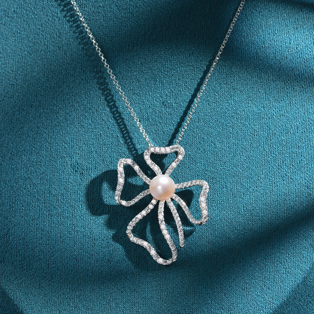 New 8mm Natural Pearl with Geometric High-Carbon Diamond 925 Silver Pendant Necklace, 40+3cm