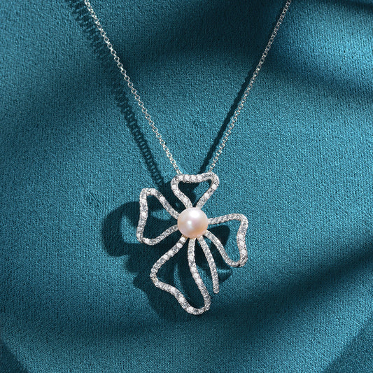 New 8mm Natural Pearl with Geometric High-Carbon Diamond 925 Silver Pendant Necklace, 40+3cm