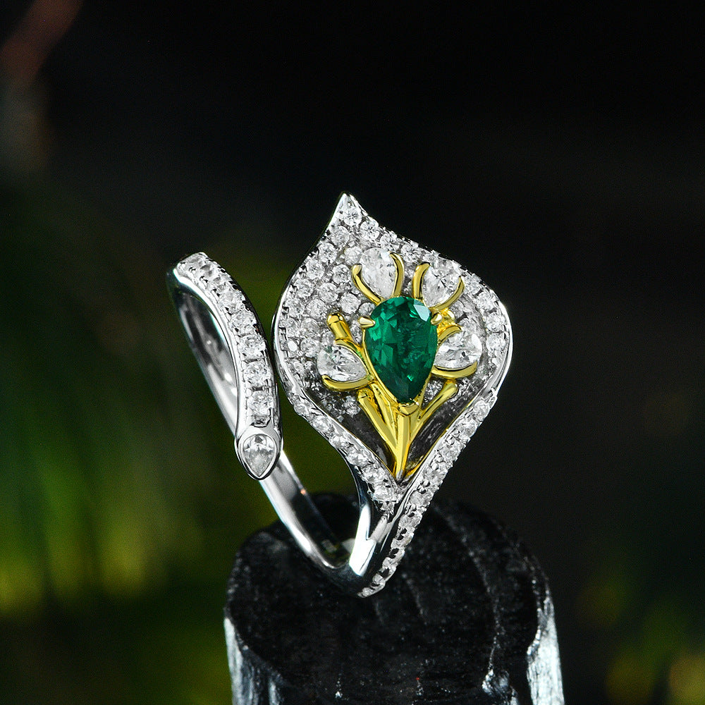 0.5 Carat Lab Emerald Calla Lily Ring – Adjustable Open Design, 4×6mm Pear Cut, 2025 Collection