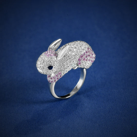 0.08Ct Pink Lab-Grown Blue Sapphire Rabbit Design 925 Silver Ring