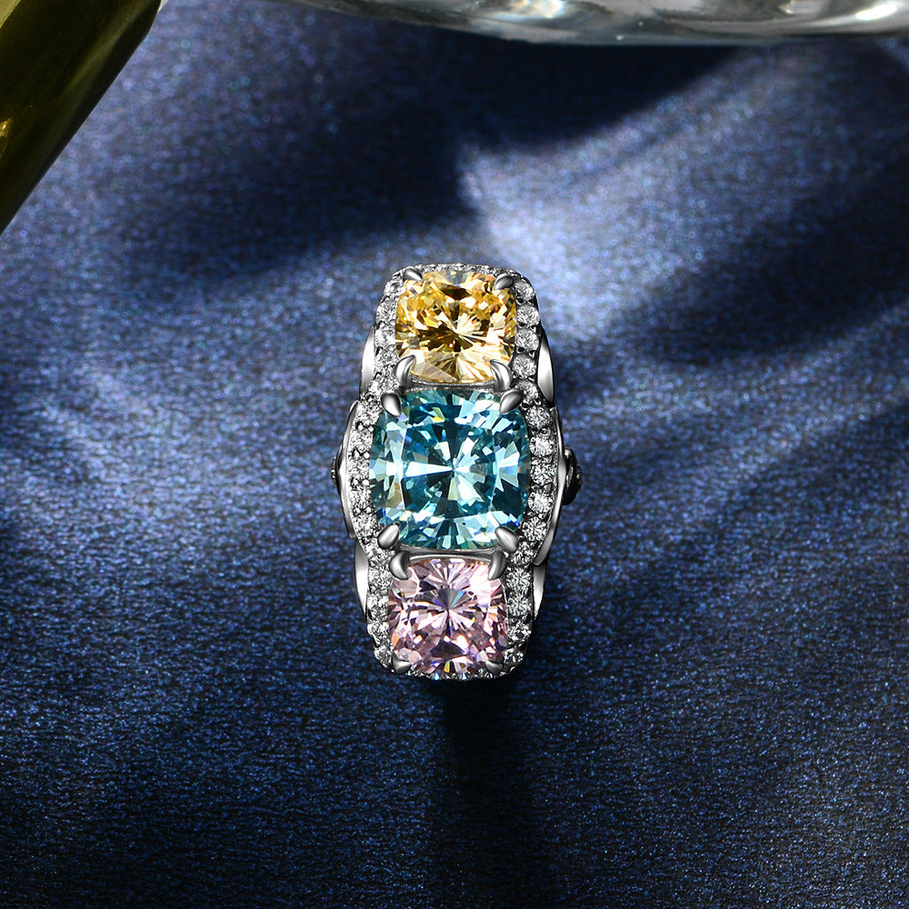 2025 New 2Ct Oval 8x8mm Fancy Color Diamond Ring with Yellow Blue Pink Color Clash Design