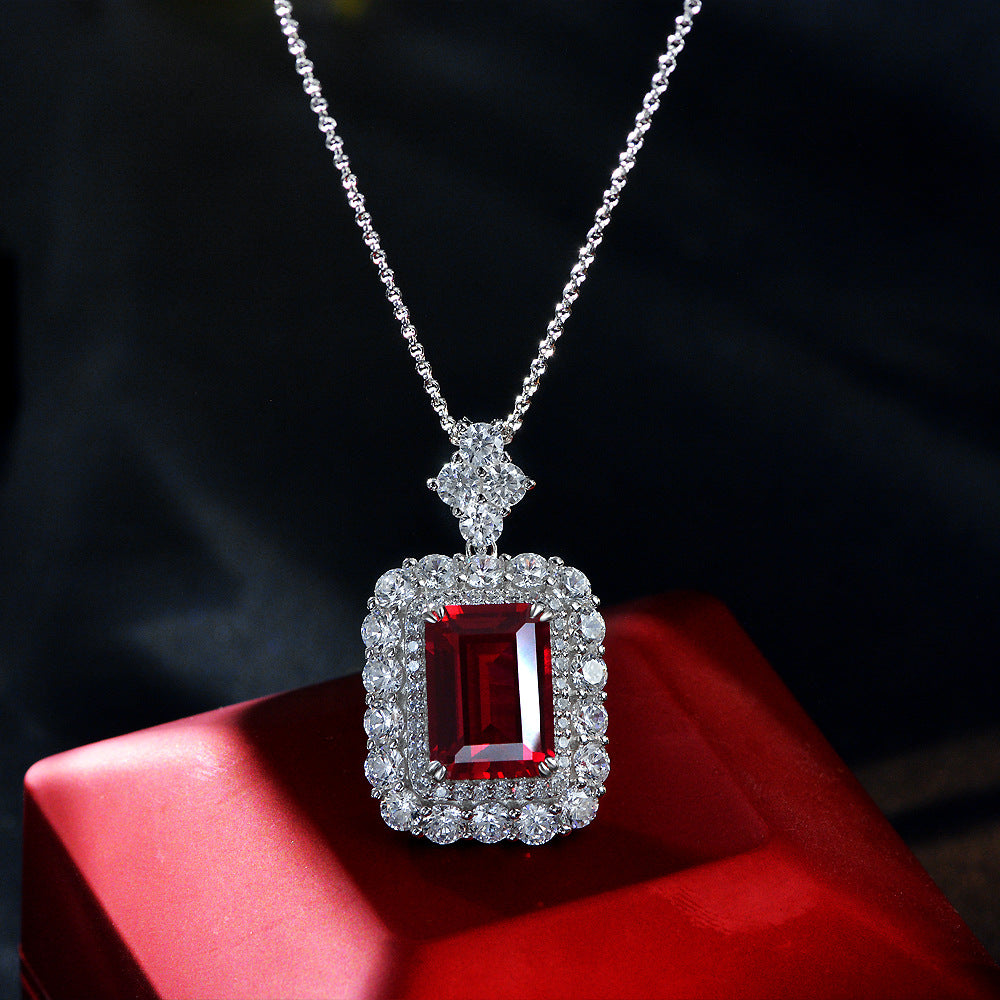 Hot Sale 10Ct Lab-Grown Ruby 10x14mm Silver Pendant with High-Grade Diamonds, 40+5cm