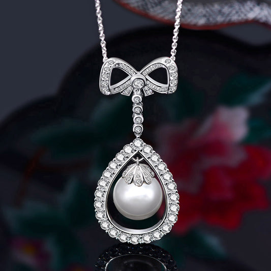New 14mm Pearl Series Pendant with Full Diamond S925 Silver Collarbone Necklace, 40+5cm