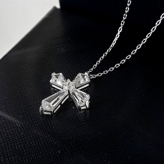 Sterling silver 4Ct Fancy 6x12mm Cross Pendant Necklace, Fully Diamond-Cut, 40+3cm Chain