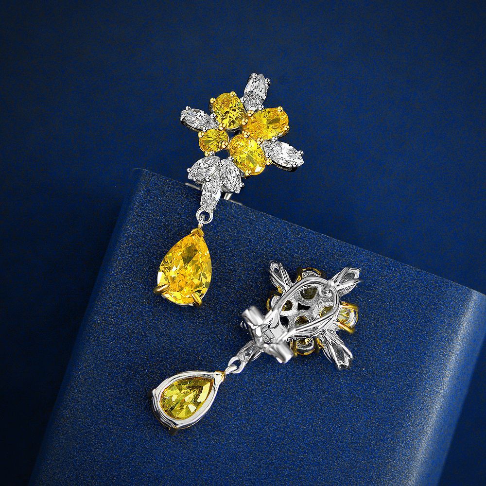4ct Pear Frosted Cut Yellow High Carbon Diamond 7x10mm Earrings | Premium Light Luxury Ear Jewelry