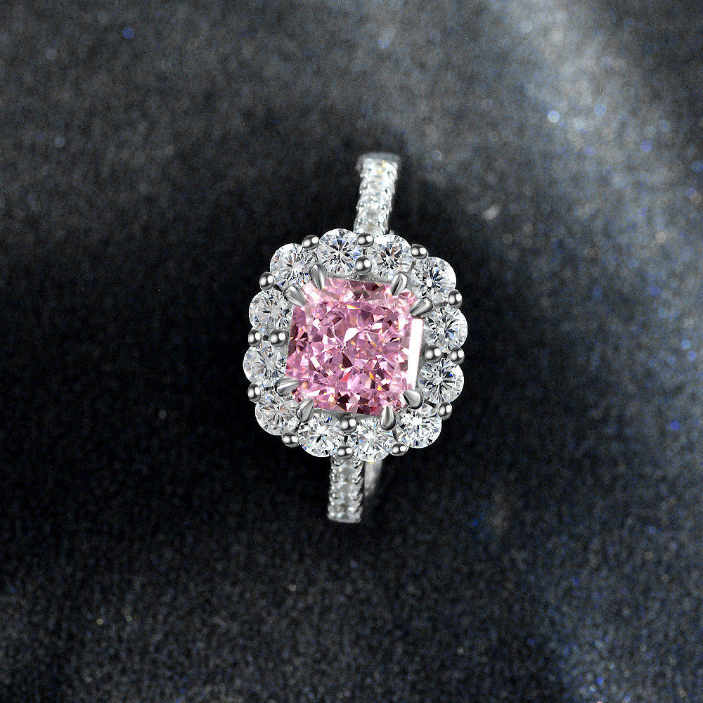 1.5 Carat Pink Ice-Flower Cut Diamond Ring – S925 Silver Adjustable Open Design, Modern European Style