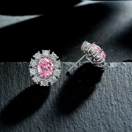 925 Sterling Silver Earrings 2-Carat High Carbon Diamond Earrings for Women, High-End Frosted Cut Pink Oval 7*9