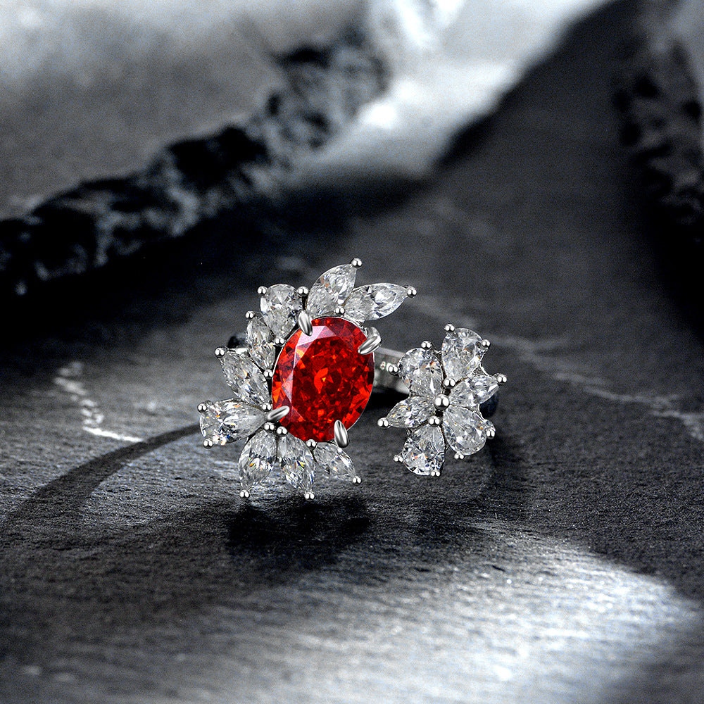 2 Carat Oval Padma Pink High Carbon Diamond Ring – 7×9mm Ice-Flower Cut Adjustable Sterling Silver Women’s Ring