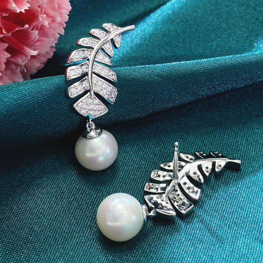 8mm White Mother-of-Pearl Feather Pendant Earrings with High Carbon Diamond | Unique Elegant Stud Earrings for Women