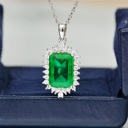 2025 New 5Ct Rectangle 10x14mm Synthetic Emerald S925 Silver Necklace, 40+3cm