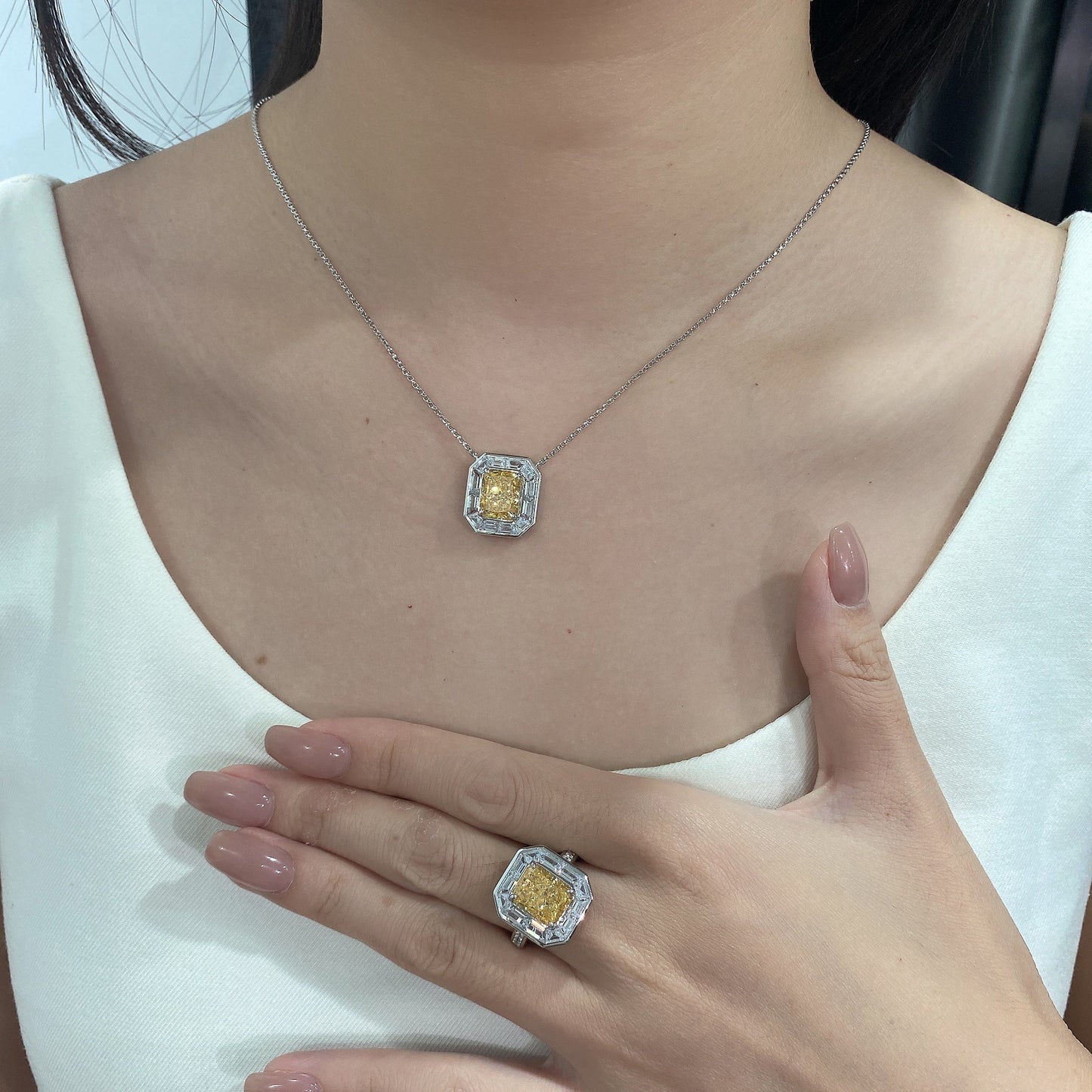 2025 New 4Ct Goose Yellow 8x10mm Simulated Diamond 925 Silver Pendant Necklace, 40+3cm