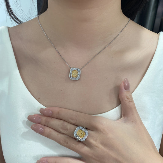 2025 New 4Ct Goose Yellow 8x10mm Simulated Diamond 925 Silver Pendant Necklace, 40+3cm