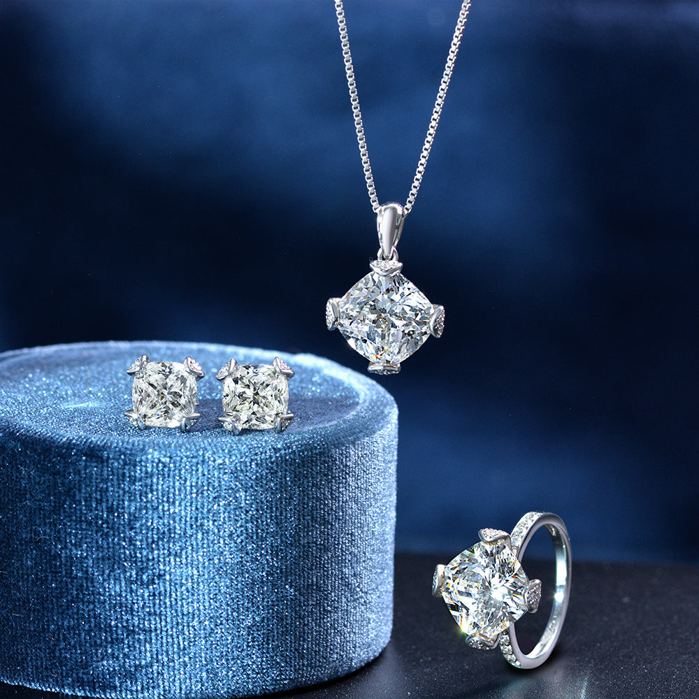 6 Carat 11×11mm Ice-Flower Cut White G High Carbon Diamond Ring – Sterling Silver Luxury Bridal Set