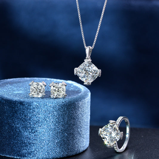 6 Carat 11×11mm Ice-Flower Cut White G High Carbon Diamond Ring – Sterling Silver Luxury Bridal Set