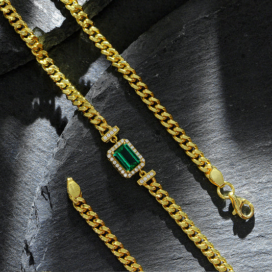 2025 New 1Ct Rectangle 5x7mm Lab-Grown Emerald Sterling Silver Adjustable Necklace, 40+5+3cm