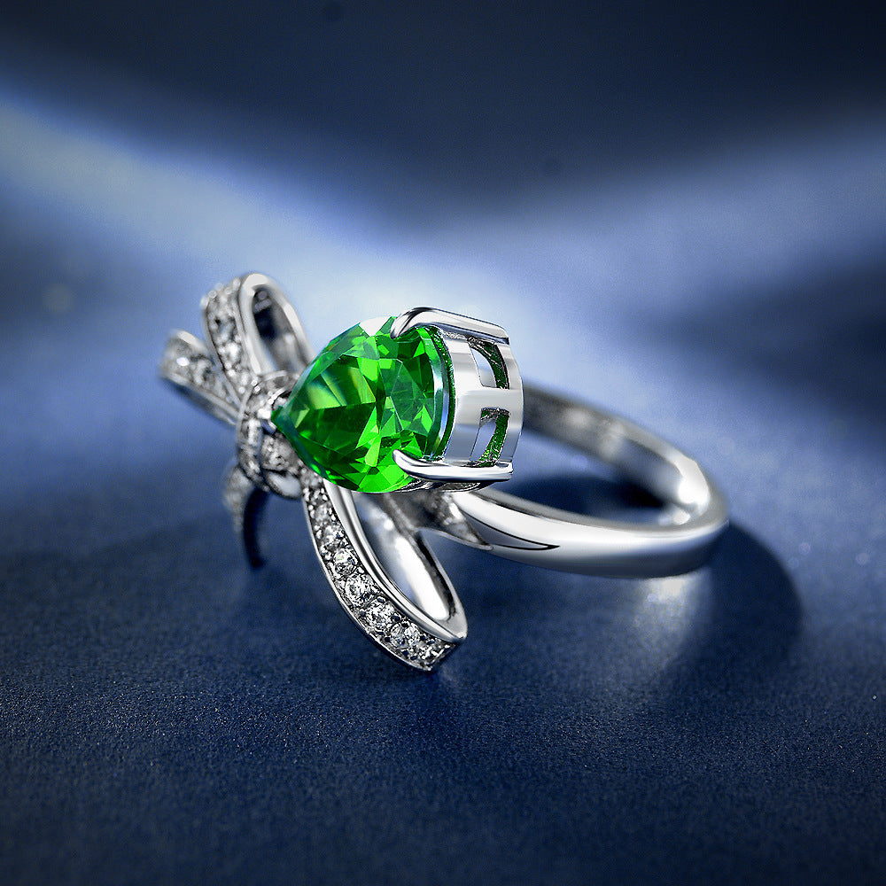 3 Carat 8×12mm Teardrop Emerald Green High Carbon Diamond Ring – Sterling Silver Ribbon Bow Luxury Jewelry