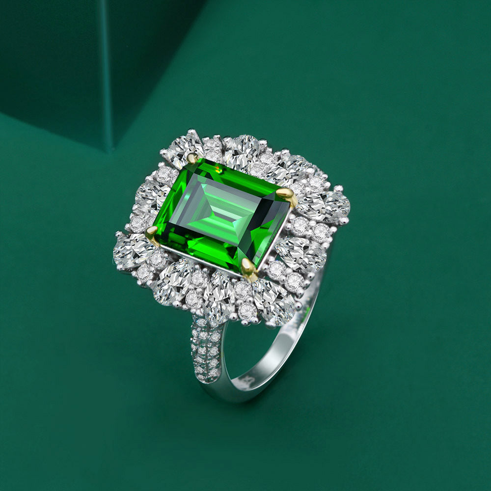 4Ct Emerald Cut 9x11mm High-Carbon Diamond S925 Silver Ring with Full Pavé