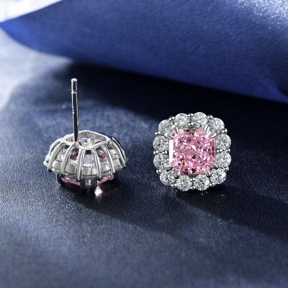 2ct Pink High Carbon Diamond Stud Earrings with 925 Sterling Silver Setting | 7x7mm Frosted Cut Minimalist Design