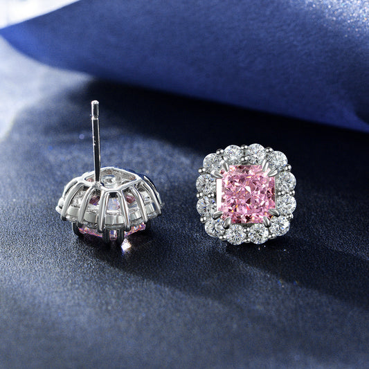 2ct Pink High Carbon Diamond Stud Earrings with 925 Sterling Silver Setting | 7x7mm Frosted Cut Minimalist Design