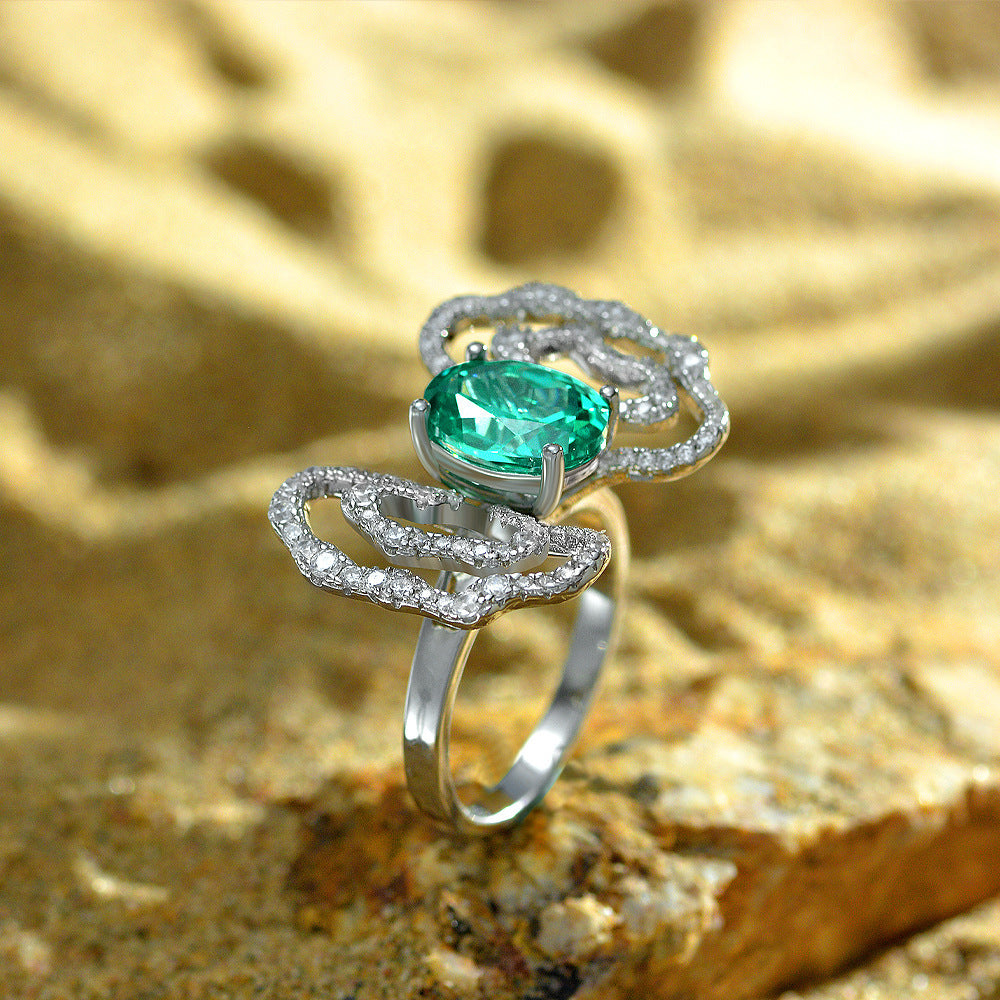 2 Carat Oval Paraiba & Ruby Dual-Tone Ring – 8×10mm Sterling Silver Ruyi Cloud Motif Luxury Women’s Ring