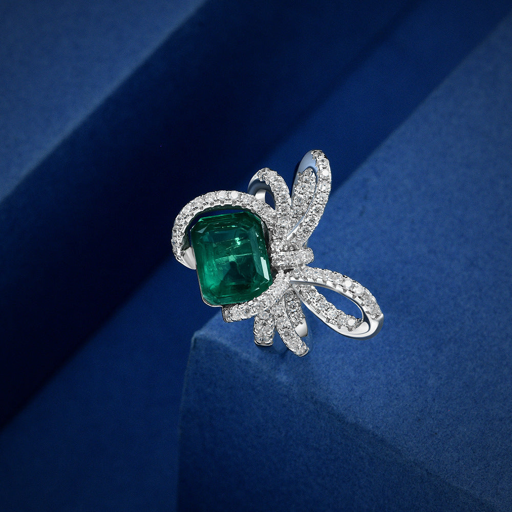 2.35 Carat Emerald-Cut Lab Emerald Ring – Bowknot Design, Minimalist Romantic Style