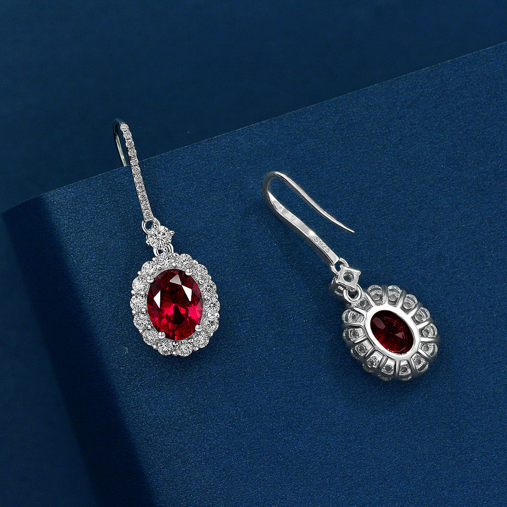Sterling silver S925 2025 New Jewelry: 2ct Oval 7x9mm Pendant Earrings | Lab-Grown Ruby/Sapphire