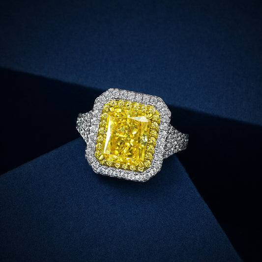 4 Carat Fancy Yellow Ice-Flower Cut High Carbon Diamond Ring – 8×10mm Rectangular Luxury Design