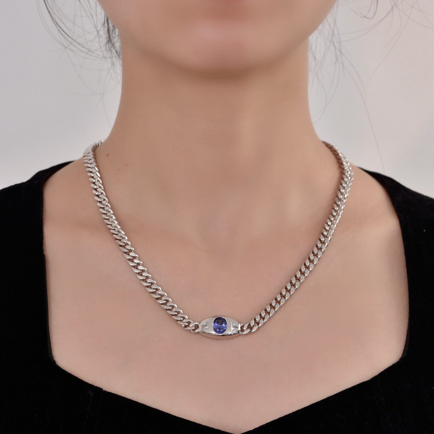 Eye Necklace Sterling Silver - 2 Carat Oval Tanzanite Pendant - 48cm Cuban Link Chain for Women