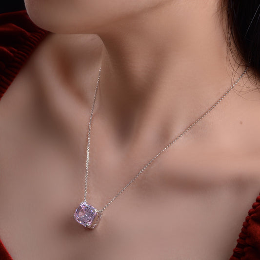 2025 New Pink Rectangular Pagoda 14x16mm High-Carbon Diamond 925 Silver Necklace