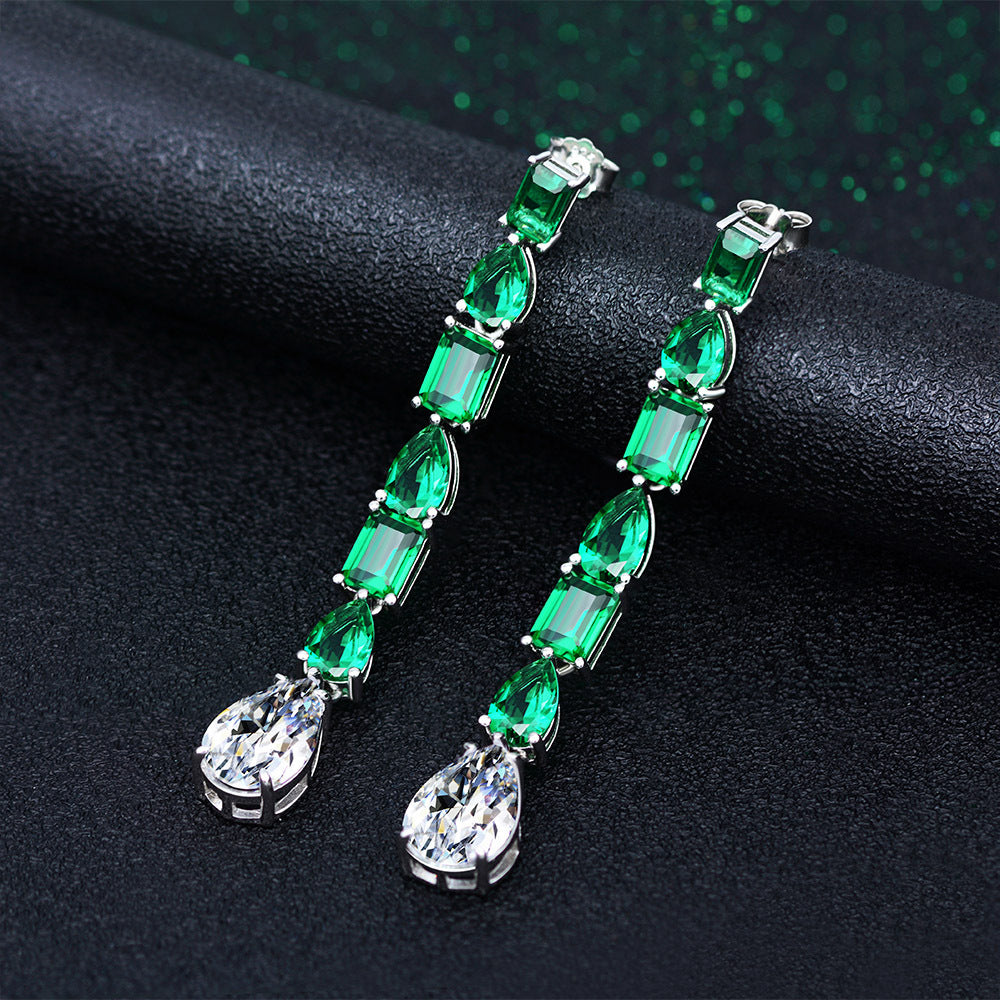 S925 Sterling Silver 1ct Green Nano 8x13mm Long Drop Earrings | European & American Style Personality Ear Jewelry for Women