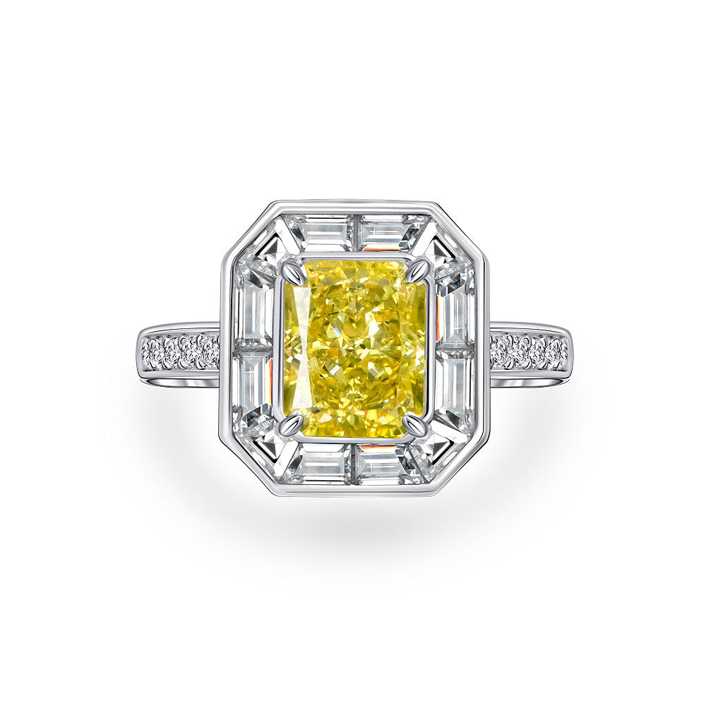 4Ct Rectangle 8x10mm Golden High-Carbon Diamond S925 Silver Fashion Ring