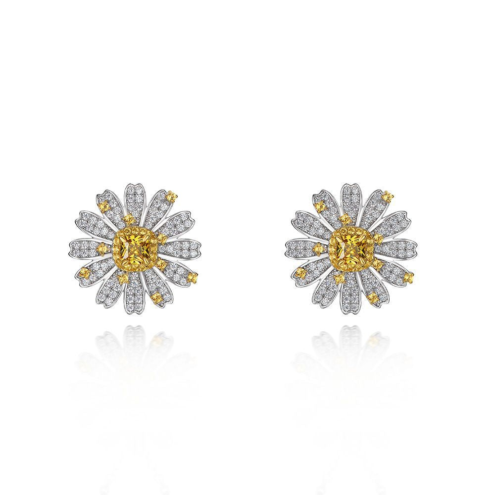 Best-Selling 925 Sterling Silver Full Diamond Setting 0.5ct Cushion 4x4mm Yellow Floral Stud Earrings | Fashion Women's Jewelry