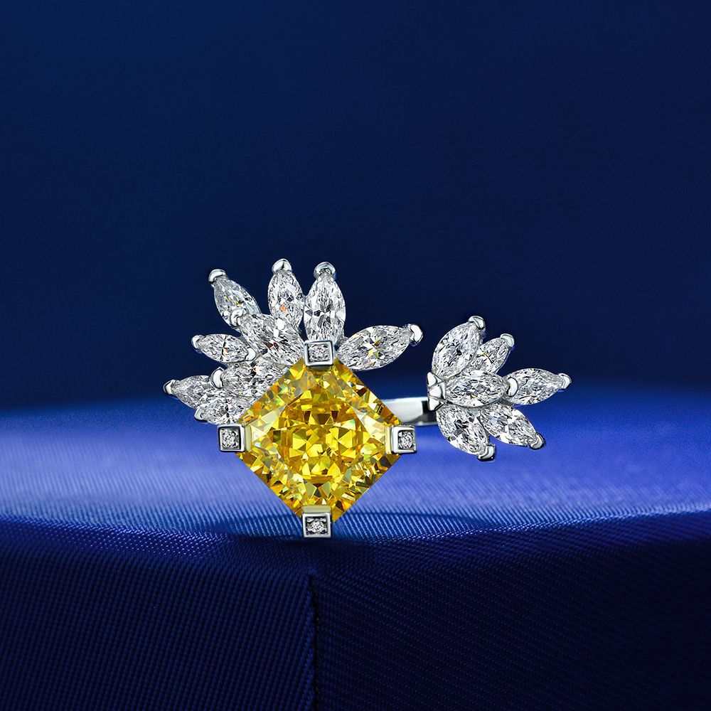 5 Carat Yellow Ice-Flower Cut High Carbon Diamond Ring – S925 Silver 10×10mm 2025 Luxury Collection
