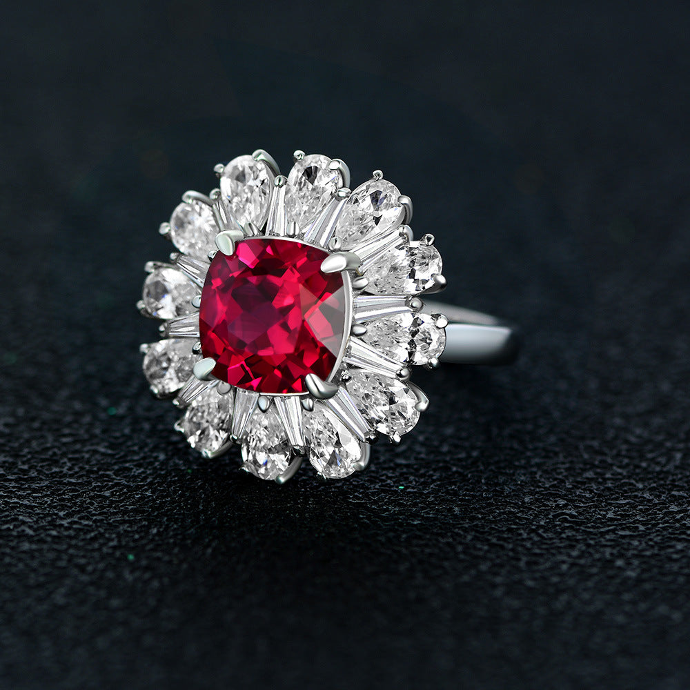 2025 New 3Ct Cushion 9x9mm Lab-Grown Ruby with Halo 925 Sterling Silver Ring