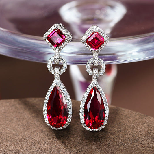 925 Sterling Silver Earrings Pear Lab-Grown Ruby Earrings - Premium