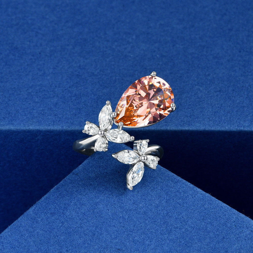 5 Carat Pink Pear Cut High Carbon Diamond Open Ring – Butterfly Accent, Trendy Minimalist Style