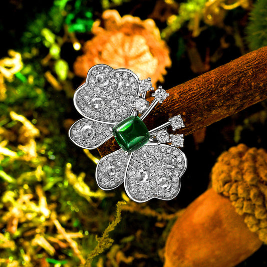New 1.5Ct Sugarloaf 6x6mm Lab-Grown Emerald Butterfly 925 Silver Ring for Women