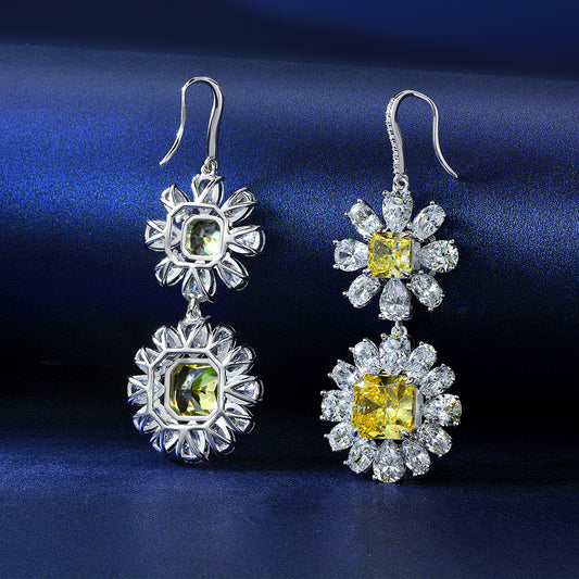 5ct Yellow High Carbon Diamond Pendant Earrings 10x10mm Frosted Cut | Premium 925 Sterling Silver Ear Jewelry