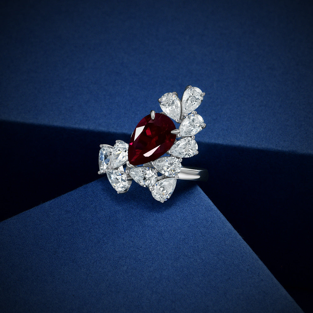 Sterling silver 925 New 3Ct Teardrop 8x12mm Lab-Grown Ruby Ring Size 5-9